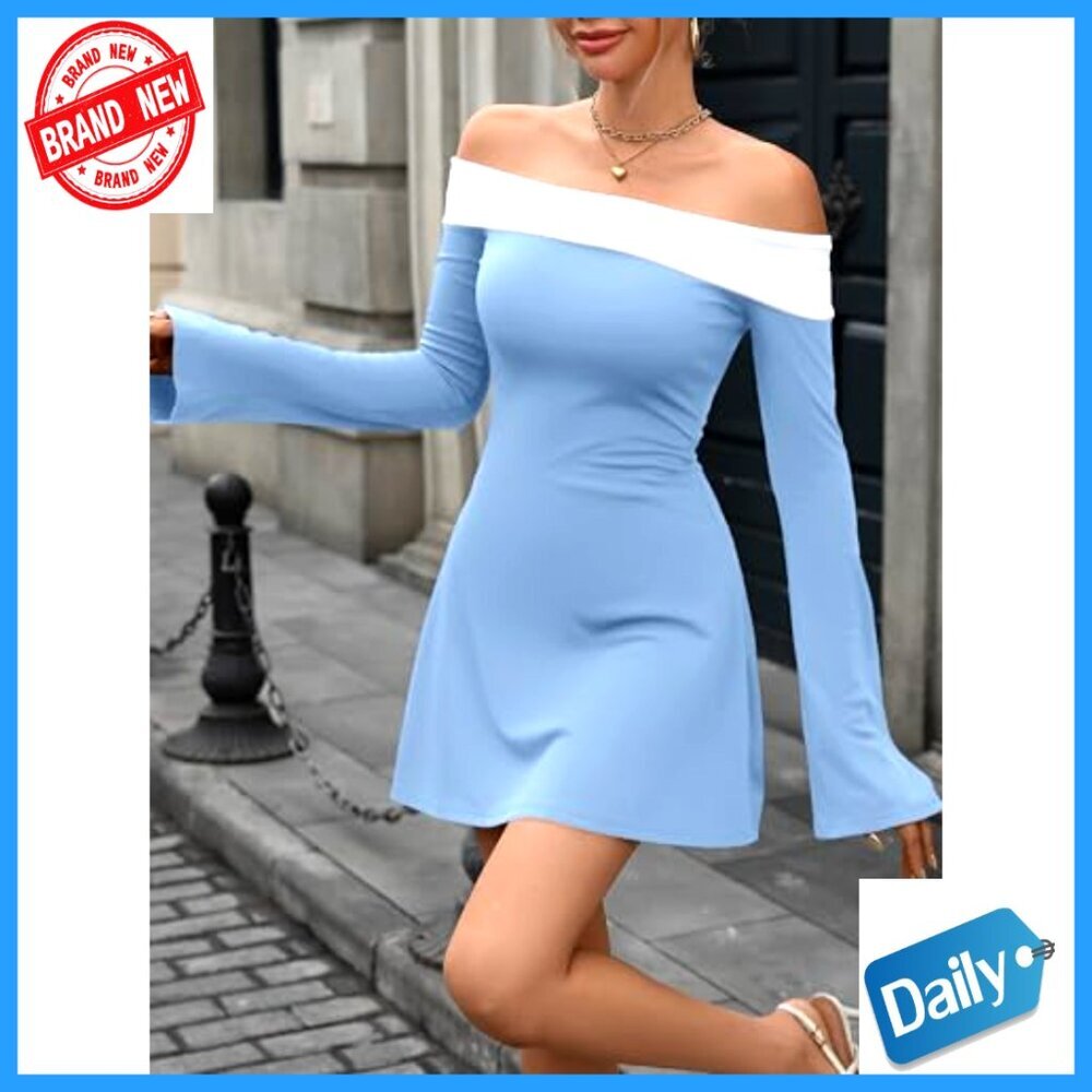 Off-Shoulder Long Bell Sleeve Bodycon Cocktail Dress Evening Wear - Picture 7 of 7